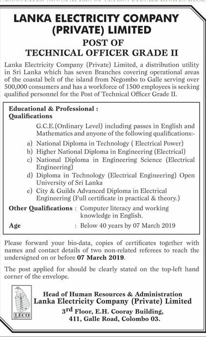 Technical Officer - Lanka Electricity Company (Private) Limited